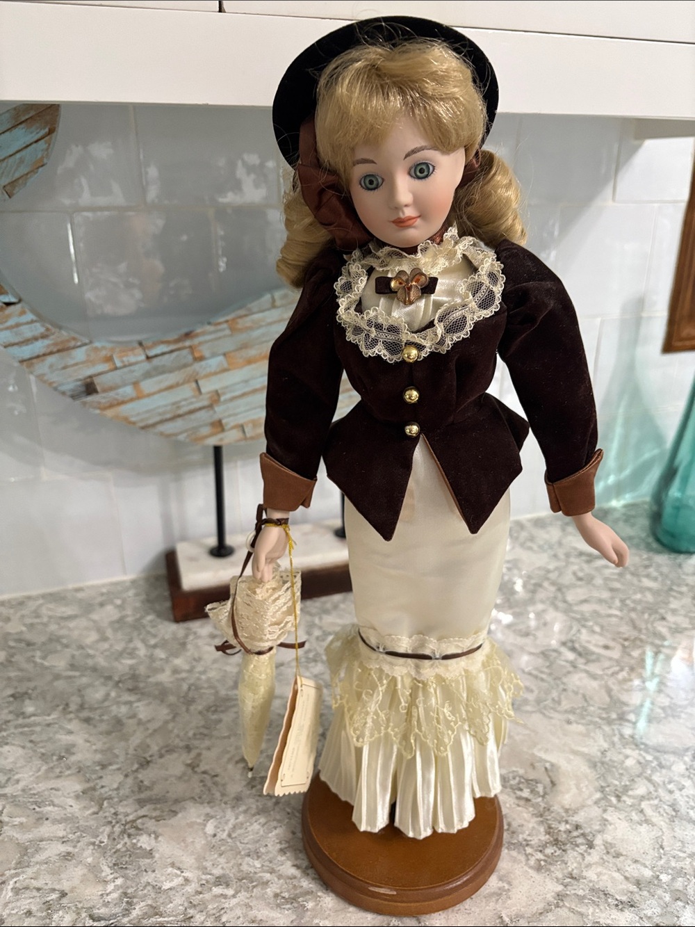 Classic Porcelain Fashion Doll in Brown and Cream